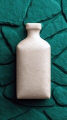 A light beige, rectangular bottle with a narrow neck and cap sits centered on a dark teal background composed of rough slate tiles.