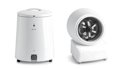 Two modern white household appliances; a closed cylindrical container and a rotating cylinder base design
