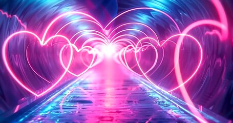Neon heart tunnel with glowing lights and reflections, abstract futuristic background for love and romance 4k video - Powered by Adobe