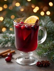 Hot Christmas mulled wine with orange slice, cinnamon and cranberries in glass mug, cozy holiday drink with festive bokeh background
