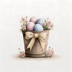 Watercolor illustration of wooden bucket with pastel Easter eggs and pink spring flowers, rustic holiday decor in vintage style