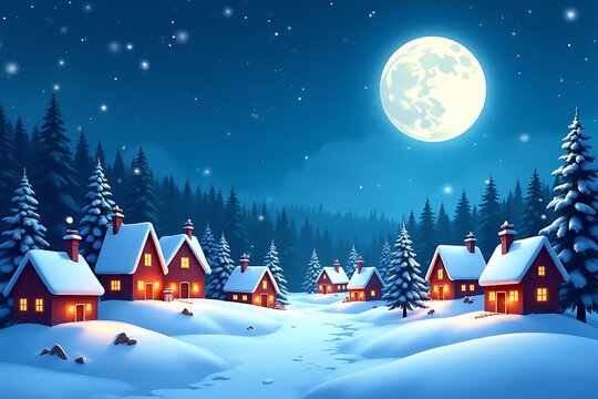 Cozy winter village under a full moon and falling snow - Powered by Adobe