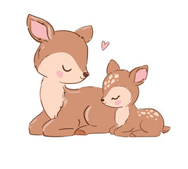 Mother deer and baby fawn illustration, hand drawn vector art, cute forest animals for kids.