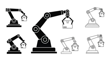 Industrial robotic arms in various positions black and white line art