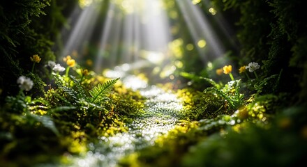 Sunlit forest floor with moss, ferns, and petite wildflowers in a vibrant scene