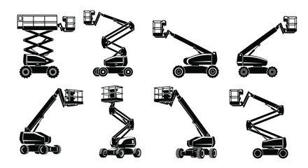 Various black and white illustrations depicting different aerial lift platforms