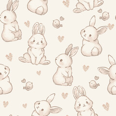 Seamless bunny pattern, hand drawn vector design, cute pastel rabbits for kids textile and wallpaper.
