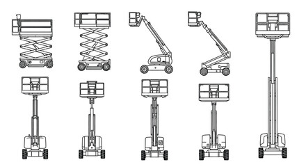 Various types of aerial lifts illustrated in a technical blueprint style