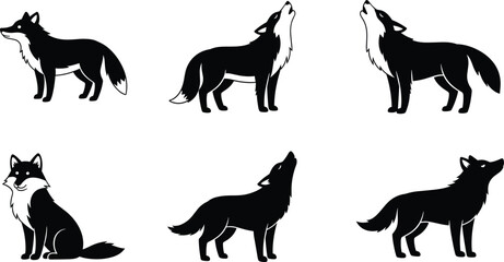Wolf silhouette, howling pose, sitting wolf, standing animal, wild canine, black vector, nature icon, predator symbol, flat illustration, design