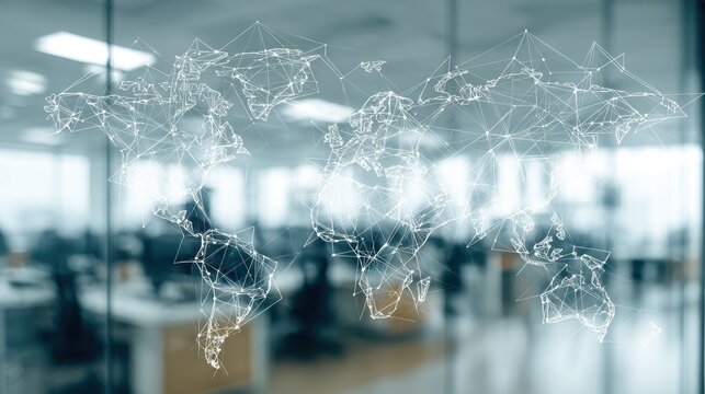 Overlay of a world map and office setting symbolizing global connections