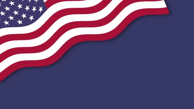 animation of split in two corners american flag moving on blue background