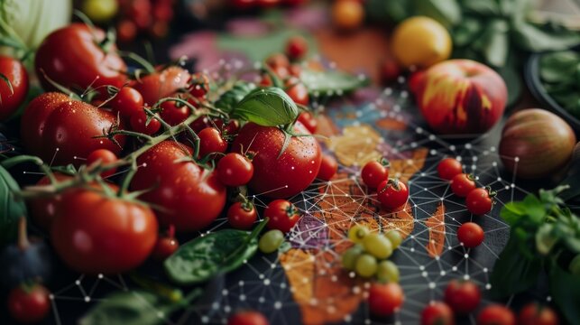 Juicy tomatoes intertwined with digital networks symbolise the harmony between nature and technology, which is suitable for illustrating smart farming concepts as an atmospheric backdrop.