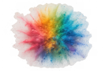 Exploding colorful powder cloud forming a vibrant rainbow splash, promoting celebration and festive design on transparent background