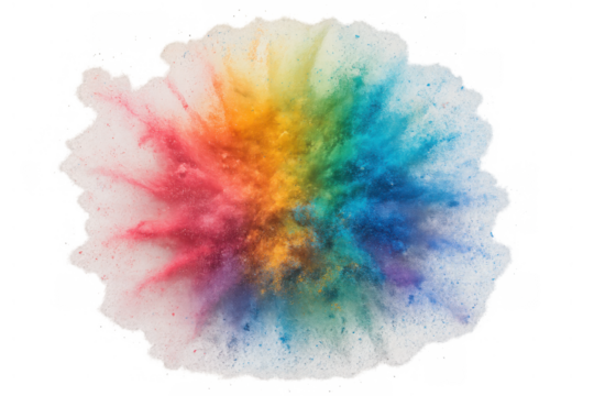 Exploding colorful powder cloud forming a vibrant rainbow splash, promoting celebration and festive design on transparent background
