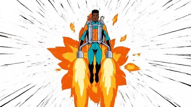 Man with Jetpack Flying Through Abstract Streaks of Light.