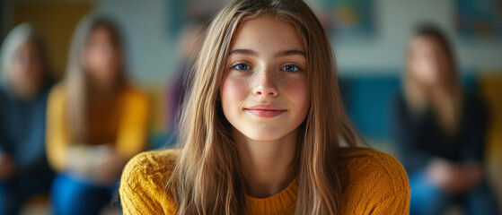 A smiling girl with long hair wearing a yellow jumper looks at the camera, conveying warmth and friendliness — a universal backdrop for educational and social projects.