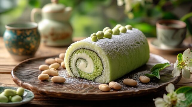 A lush green roll with cream and nuts on a wooden table embodies the sophistication of home baking, which will be a great backdrop for culinary master classes or gastronomic magazines.