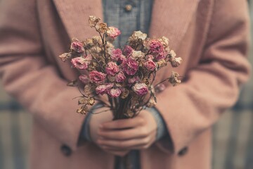 Woman holding a bouquet of dried or withered flowers symbolizing loss and memory