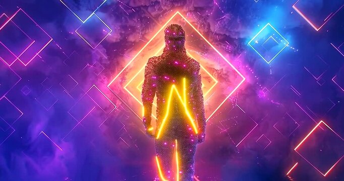 Digital human figure composed of particles walking towards a glowing neon rhombus in a surreal, futuristic, and abstract digital landscape 4k video - Powered by Adobe