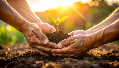Two pairs of hands carefully cradle a small seedling with fresh, green leaves, soil, and sunlight in the background