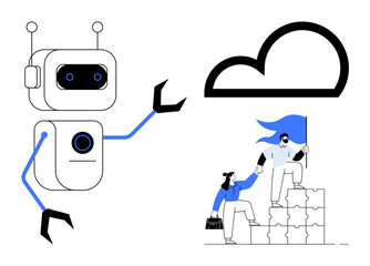 Robot interacting while individuals climb puzzle blocks with tools and flags beneath a cloud. Ideal for AI, collaboration, teamwork, cloud computing, problem solving, future technology, innovation