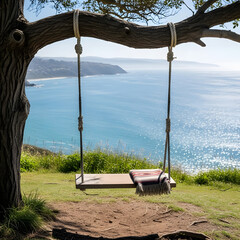 Wooden swing with ocean view