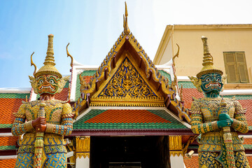Fototapeta premium Wat Phra Kaew or Wat Phra Sri Rattana Satsadaram is temple used for various royal ceremonies during reign of King Rama I. It is temple within the Grand Palace. Inside temple is the Emerald Buddha.