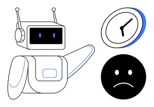 Robot gesturing at clock with a sad face. Highlights missed deadlines, poor time management, AI assistance, stress, urgency, productivity, workflow challenges. Ideal for futuristic abstract simple