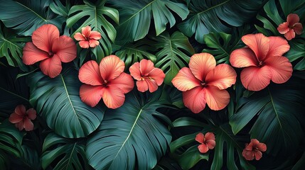 Exotic Botanical Illustration with Vibrant Flowers and Tropical Leaves