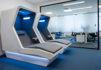 Futuristic office relaxation pods with blue lights