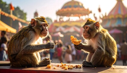 Two monkeys share a snack at a vibrant outdoor carnival, with a blurred carousel in the background. Sunlight bathes the scene