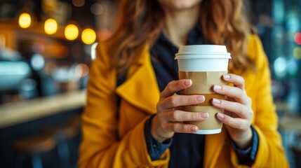Businesswoman enjoys coffee break while working on laptop in home office or caf   setting