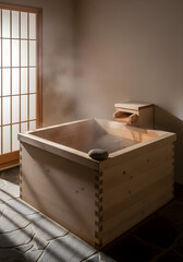 Traditional Japanese wooden bathtub interior