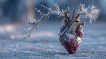 Frozen heart with delicate ice branches in winter