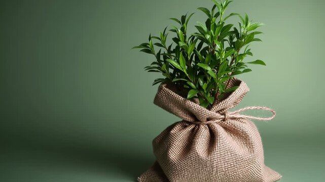 Fresh plant in a burlap sack on a soft green background showcases nature's beauty in a simple arrangement