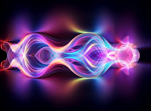 Abstract glowing waves of vibrant colors create a symmetrical and fluid design against a dark background, resembling an energy flow or plasma effect.