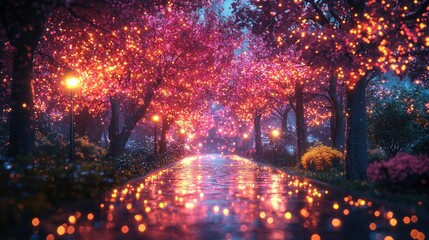 Glowing 3D Animation of City Park at Night with Luminous Trees and Lights