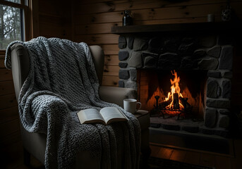 Cozy fireplace reading nook with knitted blanket