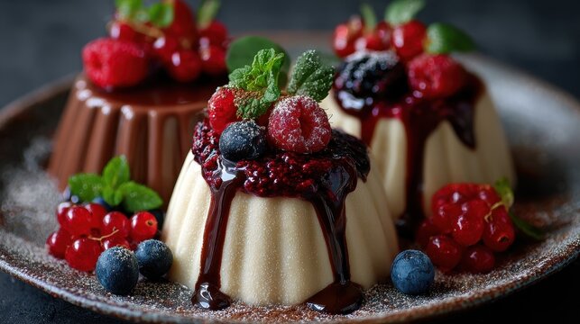 Panna cotta with berry sauce and chocolate pudding