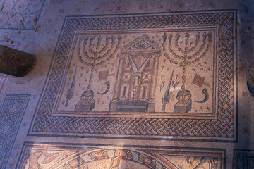 Tiberias, Israel, November 11, 2025 — synagogue mosaic with Torah ark, menorahs, shofar, and...