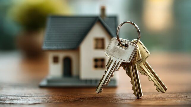 set of keys in front of a small model home a first time home buying concept 