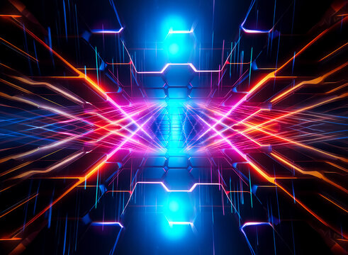 Abstract futuristic tunnel with neon blue, pink, orange, and black hues. Glowing lines and geometric shapes create a dynamic and modern design.