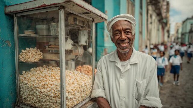 Local vendor smiles while serving fresh popcorn in vibrant street of Havana