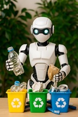 Photo of humanoid robot sorting waste into color-coded recycling bins for plastic, paper, and metal, surrounded by green plants, promoting sustainability and smart eco-friendly waste management.
