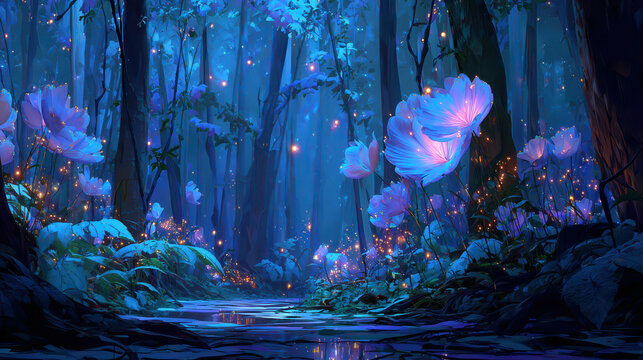Enchanted forest with bioluminescent flora and glowing mist - Powered by Adobe