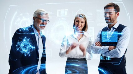 Diverse business team collaborates using futuristic holographic technology. - Powered by Adobe