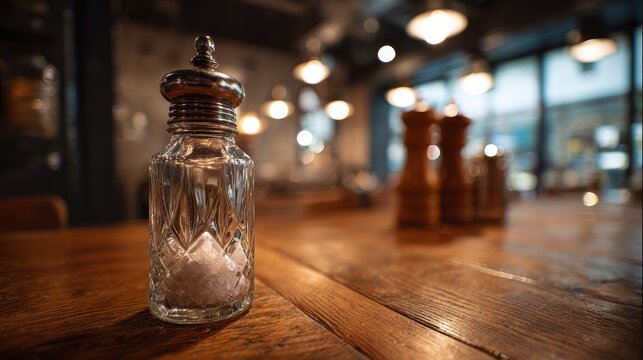 Salt shaker on a wooden table in a steak restaurant