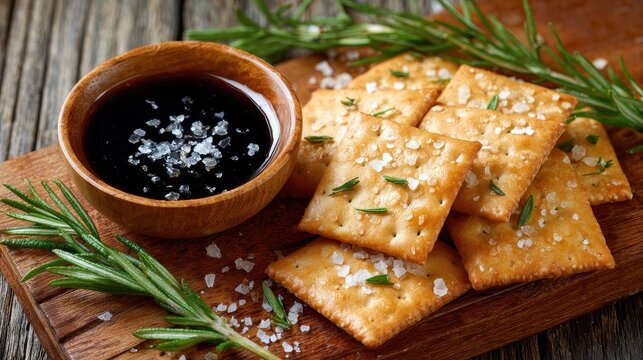 Salted crackers and sauce on wood
