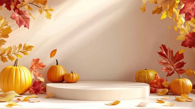3d render of a podium with autumn leaves and pumpkins on a beige background for product presentation, showcase template design, mockup, fall season banner design, thanksgiving - Powered by Adobe