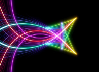 Vibrant, curved, glowing lines create an abstract geometric design on a black background. Dynamic and colorful visual element.